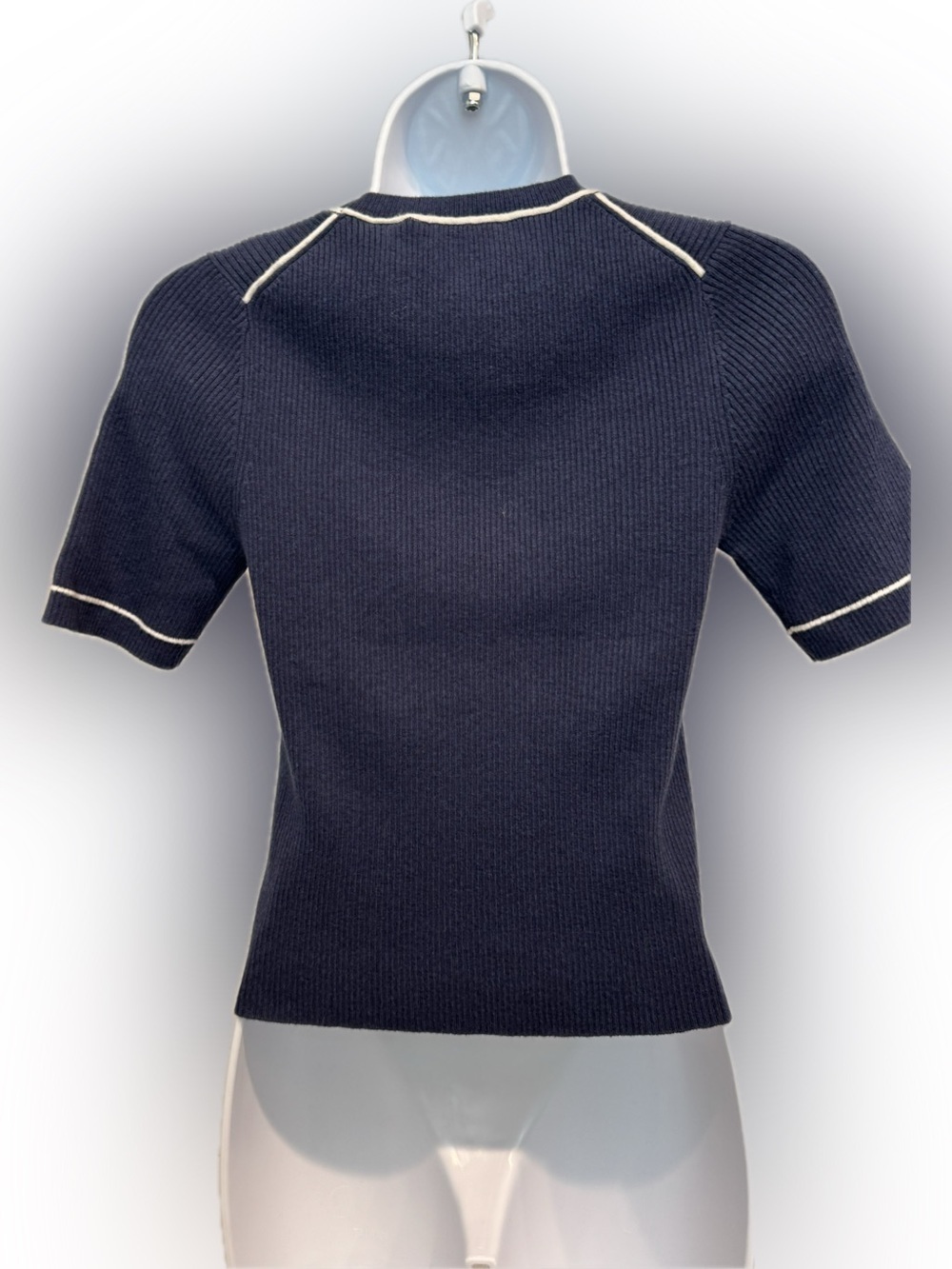 ATM, Small, Navy Short-Sleeves cashmere Knit blend Sweater with White Trim - Picture 5 of 11